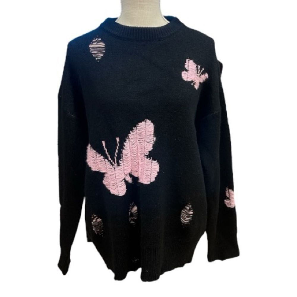 Santo Black Knit Sweater with Pink Butterfly and Distressed Design Size M - Picture 2 of 8